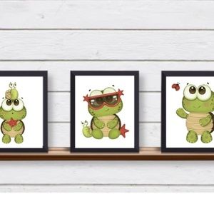 Set of 3 UNFRAMED Wall Art Prints Cute TURTLES for Nursery. Boy or Girl Bedroom